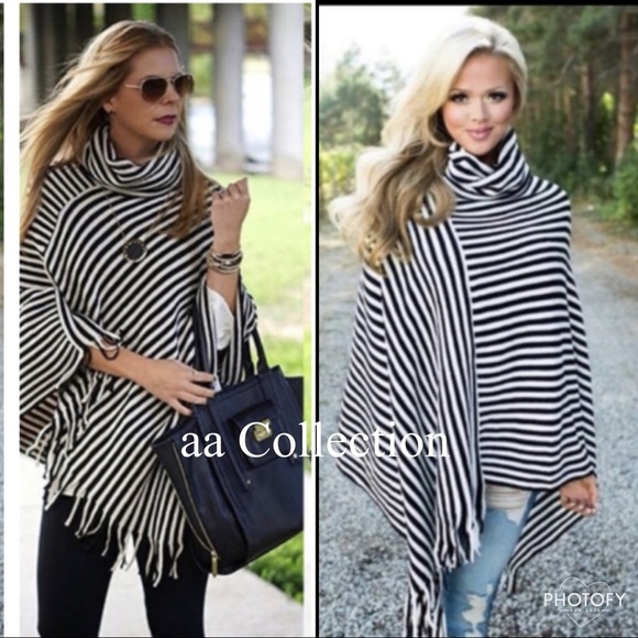 Striped Poncho Fringe Black White Wrap - NEW - Picture 2 of 3